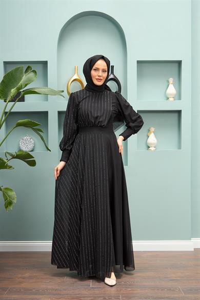 Ayben Evening Dress with Waist Tie - Black