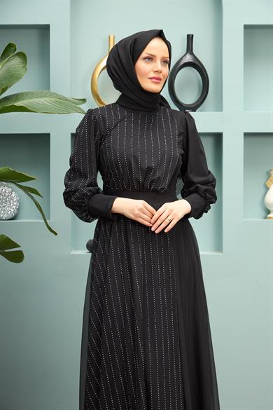 Ayben Evening Dress with Waist Tie - Black