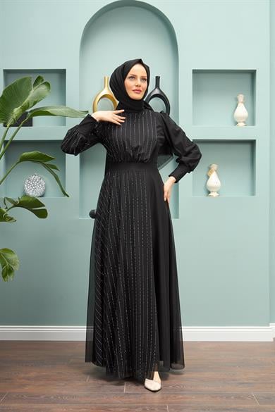 Ayben Evening Dress with Waist Tie - Black