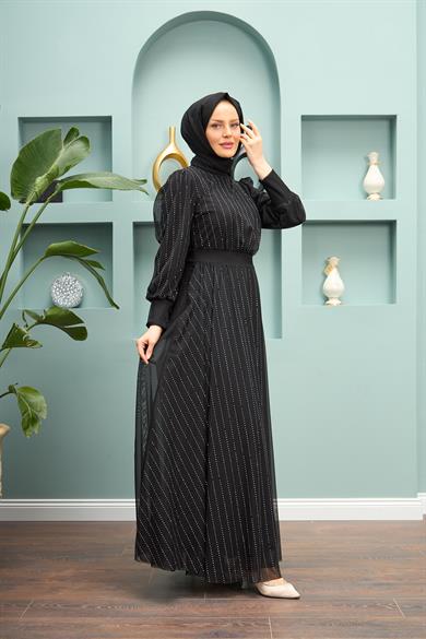 Ayben Evening Dress with Waist Tie - Black