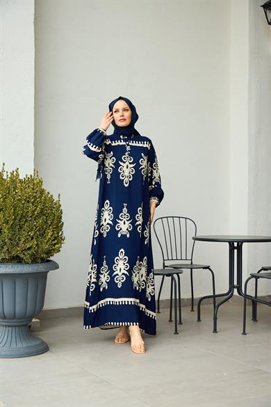 Aygen Patterned Dress - Navy Blue