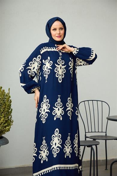 Aygen Patterned Dress - Navy Blue