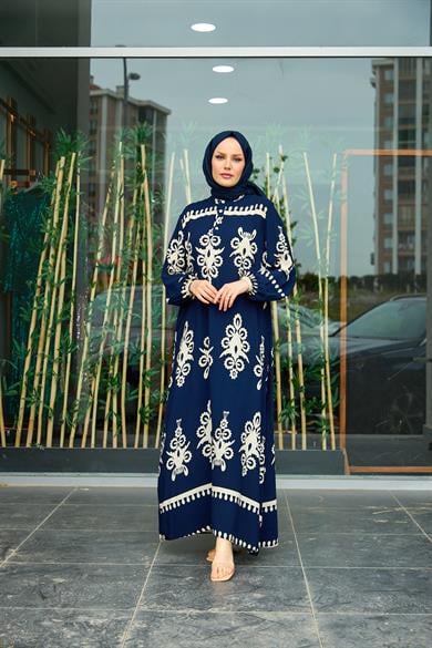 Aygen Patterned Dress - Navy Blue