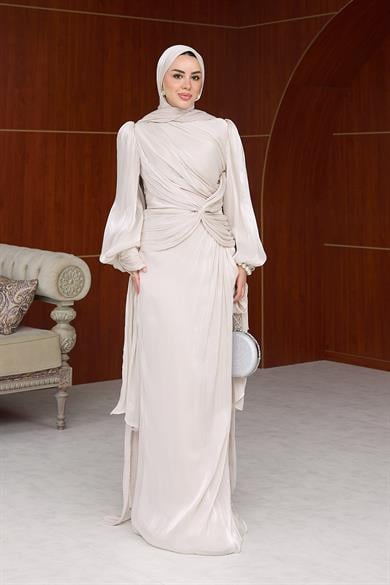 Ayperi Tie Detailed Sparkling Fabric Evening Dress - Mink