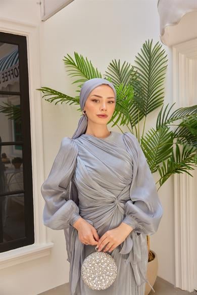 Ayperi Bağlama Detaylı Işıltı Kumaş Abiye - Gri