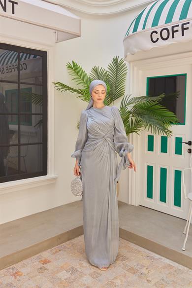 Ayperi Bağlama Detaylı Işıltı Kumaş Abiye - Gri