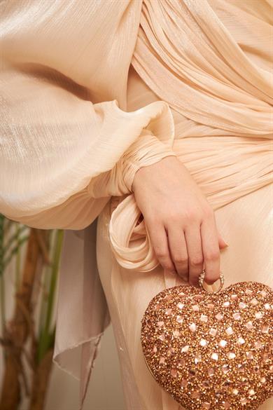 Ayperi Bağlama Detaylı Işıltı Kumaş Abiye - Krem