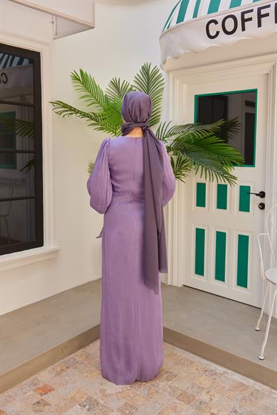 Ayperi Bağlama Detaylı Işıltı Kumaş Abiye - Lila