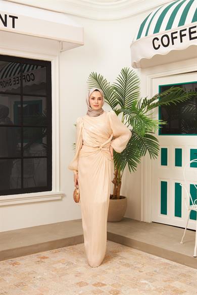 Ayperi Bağlama Detaylı Işıltı Kumaş Abiye - Krem