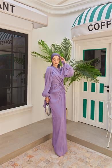 Ayperi Bağlama Detaylı Işıltı Kumaş Abiye - Lila