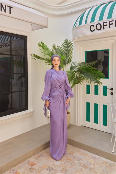 Ayperi Bağlama Detaylı Işıltı Kumaş Abiye - Lila