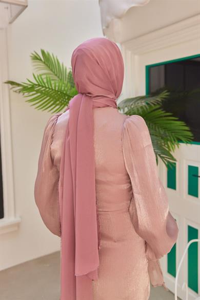 Ayperi Bağlama Detaylı Işıltı Kumaş Abiye - Gül Kurusu