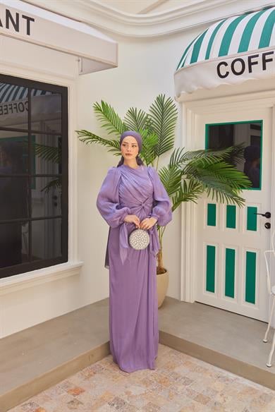 Ayperi Bağlama Detaylı Işıltı Kumaş Abiye - Lila