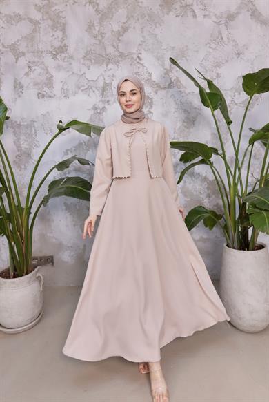 Bağlama Detay İncili Elbise - Bej