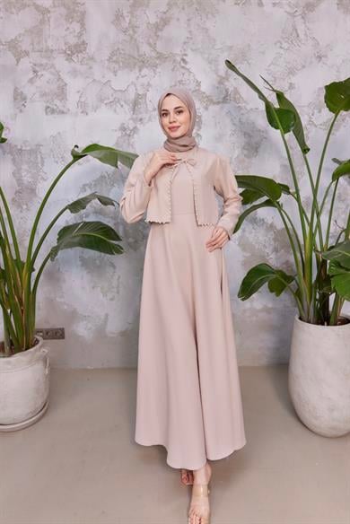 Bağlama Detay İncili Elbise - Bej