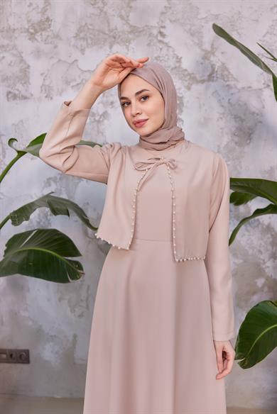 Bağlama Detay İncili Elbise - Bej