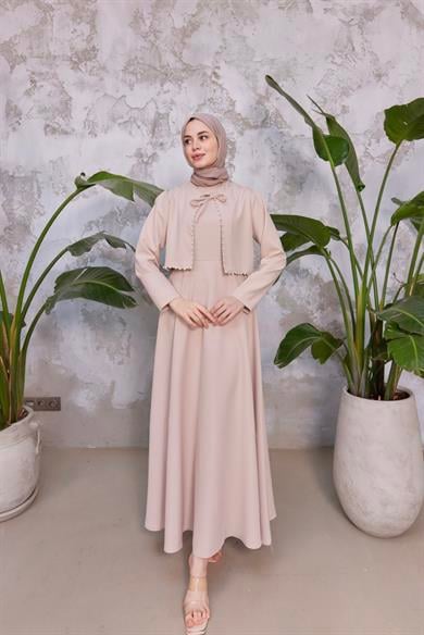 Bağlama Detay İncili Elbise - Bej