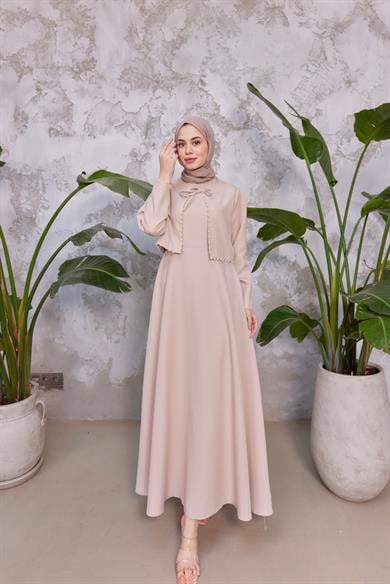 Bağlama Detay İncili Elbise - Bej