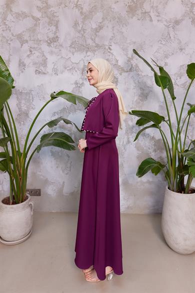 Bağlama Detay İncili Elbise - Mürdüm