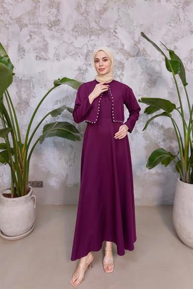 Bağlama Detay İncili Elbise - Mürdüm