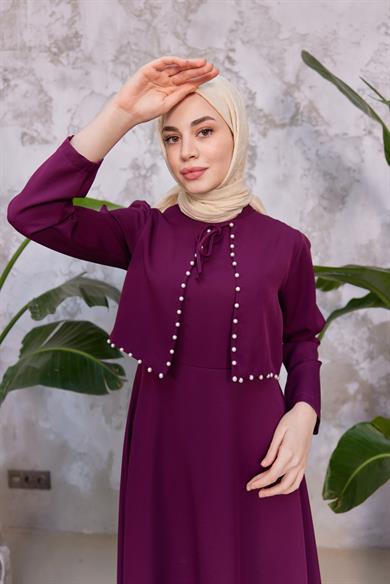 Bağlama Detay İncili Elbise - Mürdüm