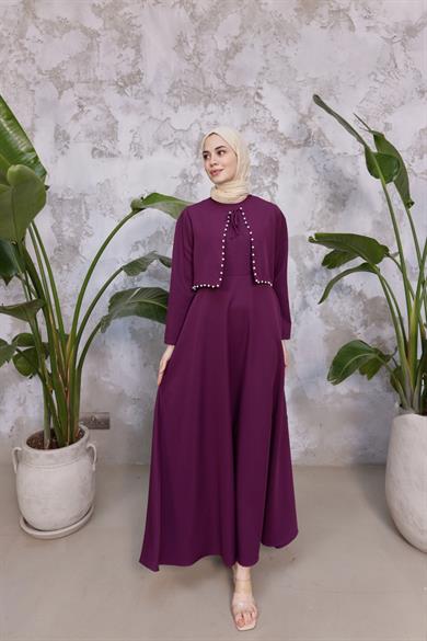 Bağlama Detay İncili Elbise - Mürdüm