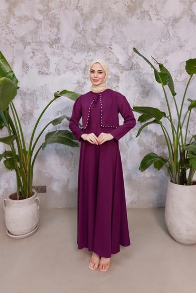 Bağlama Detay İncili Elbise - Mürdüm