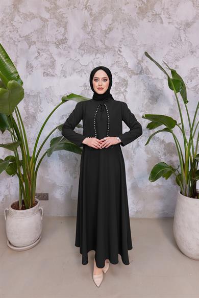 Bağlama Detay İncili Elbise - Siyah