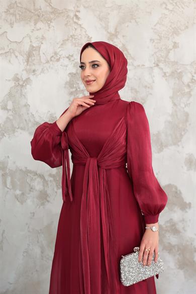 Bağlama Detaylı Işıltı Abiye - Bordo