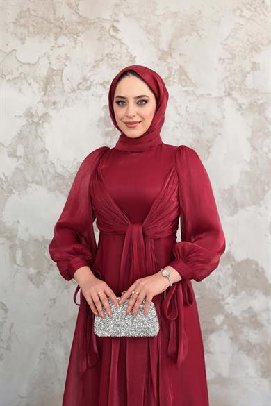 Bağlama Detaylı Işıltı Abiye - Bordo