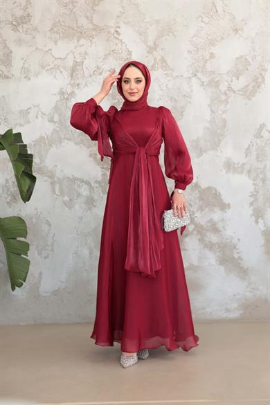 Bağlama Detaylı Işıltı Abiye - Bordo