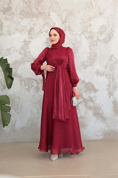 Bağlama Detaylı Işıltı Abiye - Bordo