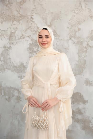 Bağlama Detaylı Işıltı Abiye - Ekru