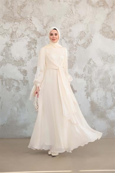 Bağlama Detaylı Işıltı Abiye - Ekru