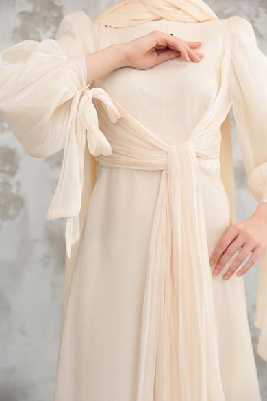 Bağlama Detaylı Işıltı Abiye - Ekru