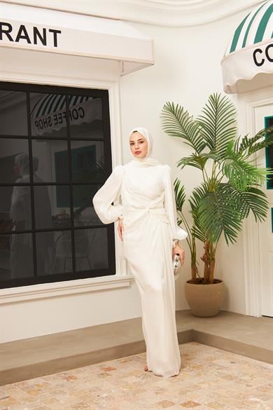 Ayperi Bağlama Detaylı Işıltı Kumaş Abiye - Ekru