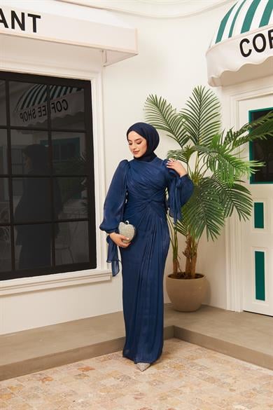 Ayperi Bağlama Detaylı Işıltı Kumaş Abiye - Lacivert