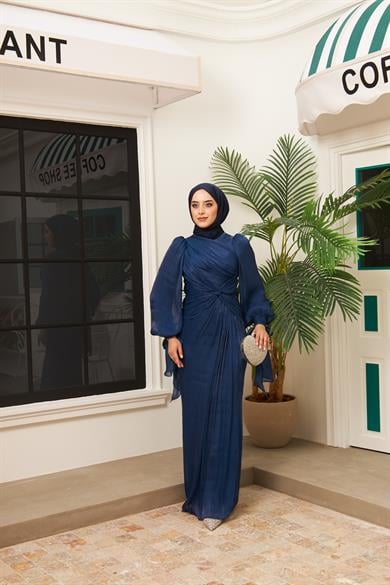 Ayperi Bağlama Detaylı Işıltı Kumaş Abiye - Lacivert