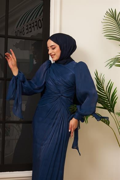 Ayperi Bağlama Detaylı Işıltı Kumaş Abiye - Lacivert