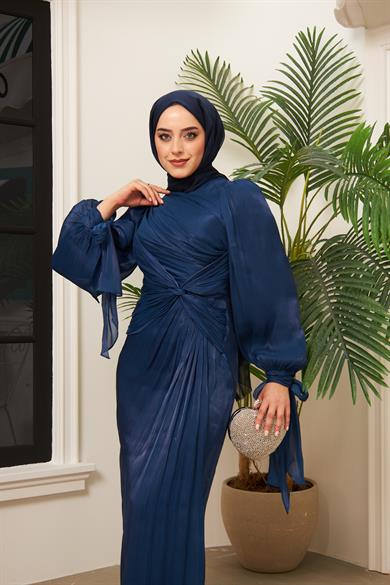 Ayperi Bağlama Detaylı Işıltı Kumaş Abiye - Lacivert