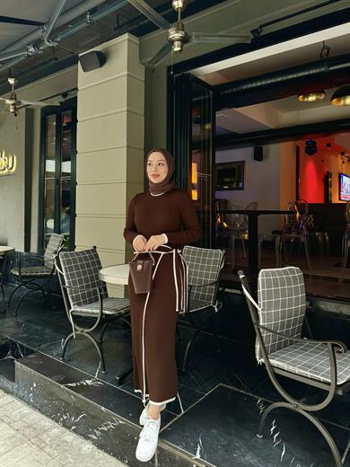 Bağlamalı Triko Elbise - Kahverengi