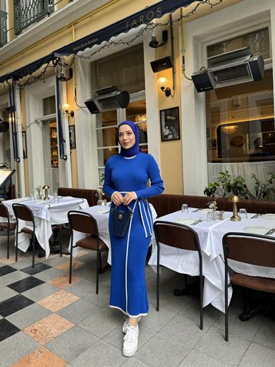 Bağlamalı Triko Elbise - Saks Mavi