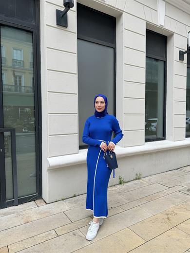 Bağlamalı Triko Elbise - Saks Mavi