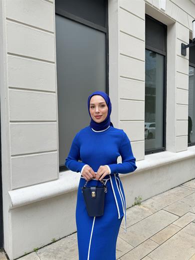 Bağlamalı Triko Elbise - Saks Mavi