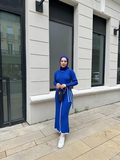 Bağlamalı Triko Elbise - Saks Mavi