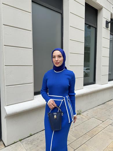 Bağlamalı Triko Elbise - Saks Mavi