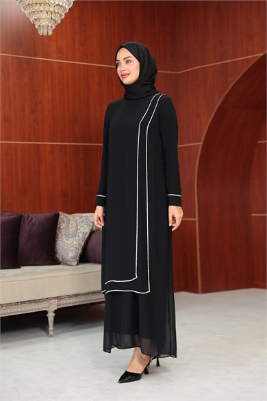 Başak Çizgi Detay Abaya - Siyah