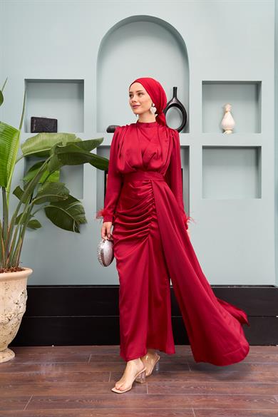 Kobe Satin Evening Dress with Waist Tie - Claret Red