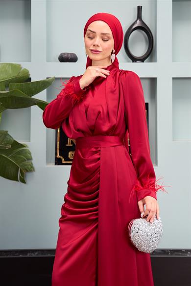 Kobe Satin Evening Dress with Waist Tie - Claret Red