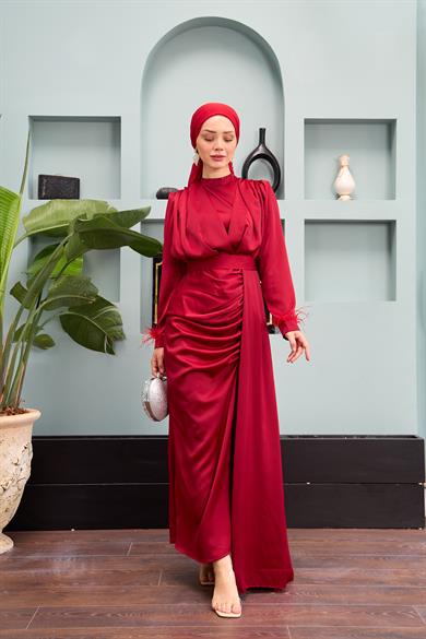 Kobe Satin Evening Dress with Waist Tie - Claret Red